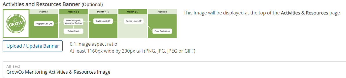 Activities and Resources Banner (Optional) selector. Text states 6:1 image aspect ratio and at least 1160px wide by 200px tall (PNG, JPG, JPEG or GIFF).
