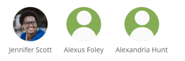 Profile pictures of 3 users. First one has a picture of a black woman smiling and the other two are generic profile images with green program brand colour.