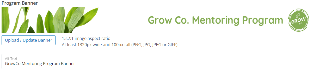 Program Banner selector. Text states 13:2:1 image aspect ratio and at least 1320px wide and 100px tall (PNG, JPG, JPEG, GIFF).