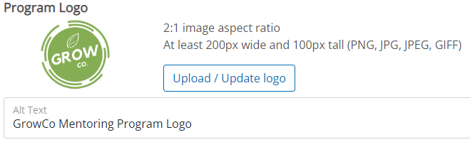 Program Logo Selector. Text states 2:1 image aspect ratio and at least 200px wide and 100px tall (PNG, JPG, JPEG, GIFF).